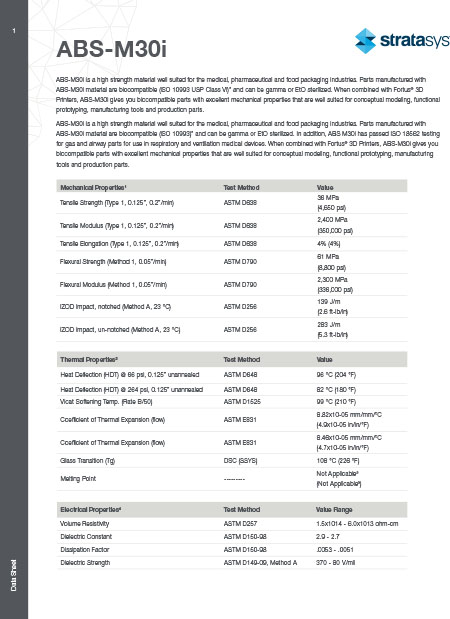 Stratasys ABS-M30i Data Sheet